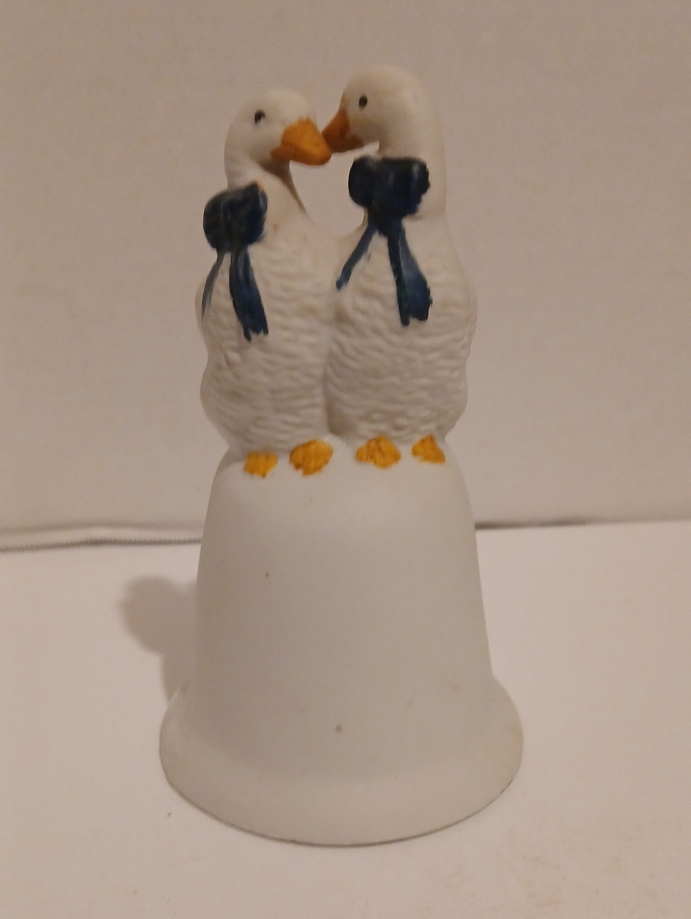 Vintage White Duck Couple Figurine Bell with Blue Bows